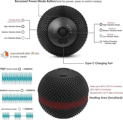 Heating Vibrating Massage Ball with 7 Modes & Memory Function for Myofascial Release, Deep Tissue and Trigger Point Muscle Therapy - Targets Back, Hip, Leg, Neck & Foot (Black)