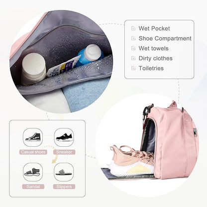 Gym Bag for Women Men with Shoes Compartment,Sports Duffle Bag Personal item travel Duffel Bags Tote Bag Small Carry on Weekender Overnight Bags Workout Dance Bag Hospital Holdalls Pink
