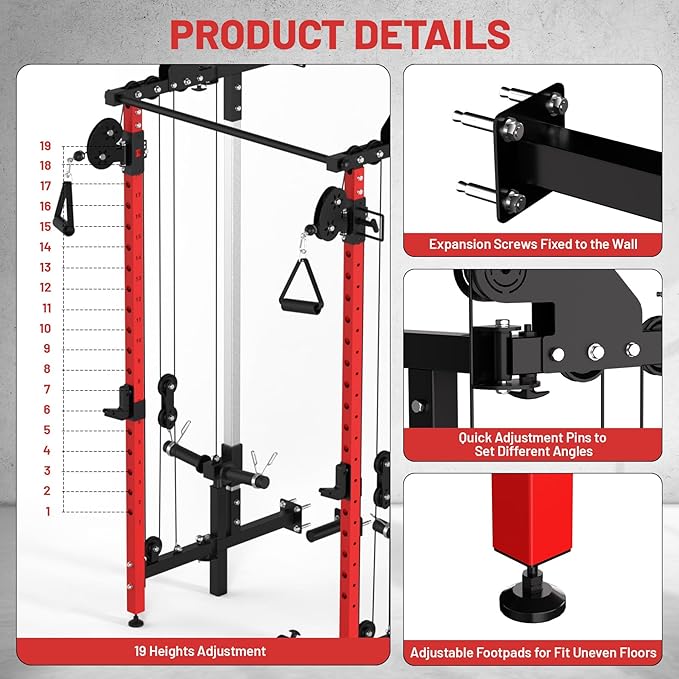 GarveeLife Folding Squat Rack, Wall Mounted Power Rack with Pulley System & Pull Up Bar, Compact Fitness Equipment with 5 Adjustable Function Modes for Small Spaces, Garage, Apartment, Red