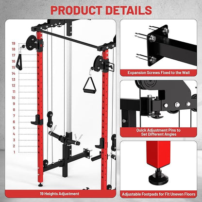 GarveeLife Folding Squat Rack, Wall Mounted Power Rack with Pulley System & Pull Up Bar, Compact Fitness Equipment with 5 Adjustable Function Modes for Small Spaces, Garage, Apartment, Red