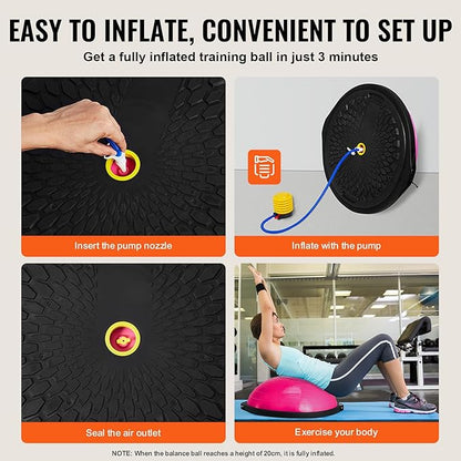 VEVOR Half Exercise Ball Trainer, 23/26 inch Balance Ball Trainer, 1500lbs Capacity Stability Ball, Yoga Ball with Resistance Bands & Foot Pump, Strength Fitness Ball for Home Gym Full Body Workout