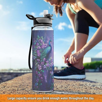 Fustylead Two Peacocks on Purple Flower 32oz Sports Water Bottle with Removable Straw, Reusable Clear Water Bottles, Leak Proof, BPA-Free