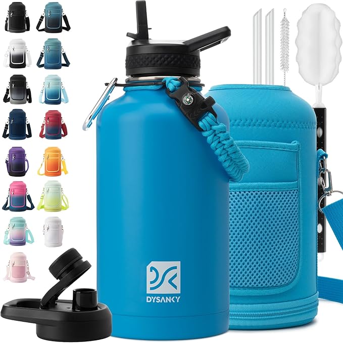 Insulated Water Bottle | Thickened Stainless Steel Vacuum Metal | Portable Sports Half Gallon Large Water Jug for Gym and Hiking with Straw, Carrier Bag, Handle Strap | BPA-Free 64 oz