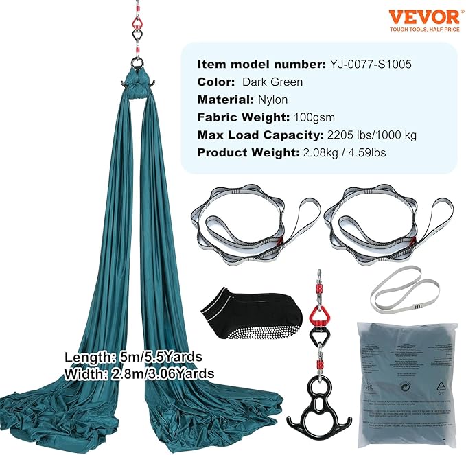 VEVOR Aerial Silk & Yoga Swing, Aerial Yoga Hammock Kit with 100gsm Nylon Fabric, Full Rigging Hardware & Easy Set-up Guide, Antigravity Flying for All Levels Fitness Bodybuilding