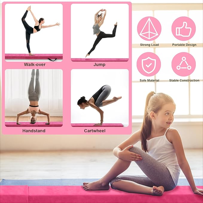 FBSPORT 8ft/9ft/9.5ft Balance Beam Folding Gymnastics Beam Foam Balance Floor Beam Equipment for Kids Adults, Suede Cover Anti Slip Base with Carry Bag for Home School Gym Training