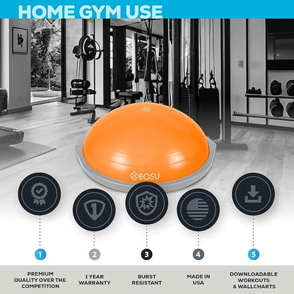 Bosu Balance Ball Exercise Trainer, Home Gym Equipment w/ Guided Workouts & Pump, 26", Blue - Inflatable Fitness Platform for Strength Training, Standing, Balancing, and Core Workout