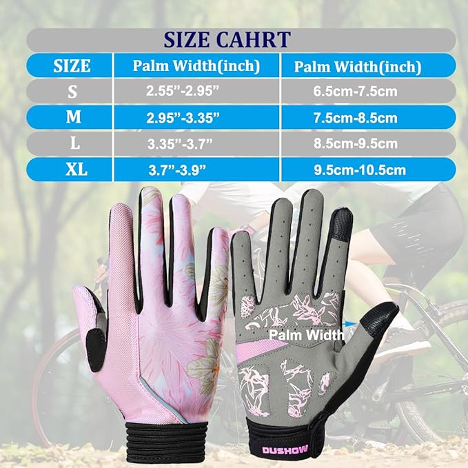 DuShow Bike Gloves for Women Cycling,Pink Floral Workout Gloves Women,Full Finger Biking Driving Riding Gloves for Women,Gel Padded Touch Screen Gym Gloves