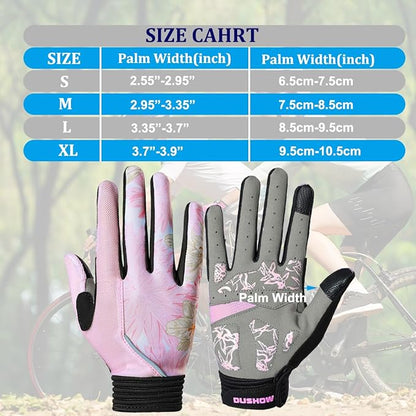 DuShow Bike Gloves for Women Cycling,Pink Floral Workout Gloves Women,Full Finger Biking Driving Riding Gloves for Women,Gel Padded Touch Screen Gym Gloves