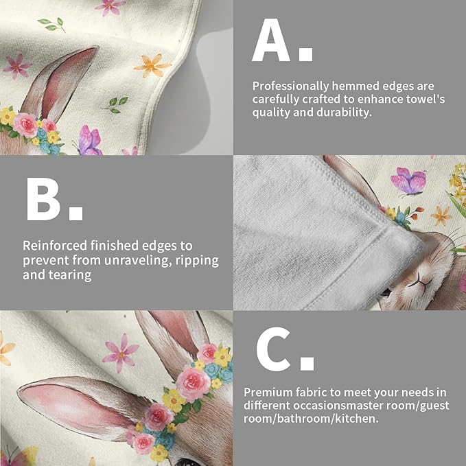 Cute Bunny Hand Towels for Bathroom 14"x28" Set of 2 Happy Easter Rabbit Kitchen Towel Spring Flower Butterfly Bath Towels Super Soft Absorbent Tea Dish Towels for Yoga Gym Bath Shower