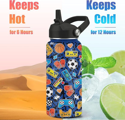 Gamer Water Bottle 32oz - Insulated Stainless Steel with Straw, Leak Proof Lid - Ideal Gaming Gifts for Kids Boys Teens - BPA-Free Sports Bottle for School, Travel & Gaming