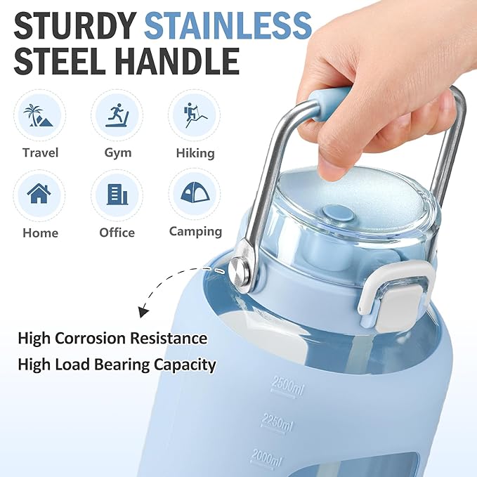 84oz Glass Water Bottle with Stainless Steel Handle,2.5L Gallon Water Bottle with 2-IN-1 Straw Lid, Silicone Sleeve and Motivational Capacity Marker, Wide Mouth Water Jug For Gym, Workout, Blue