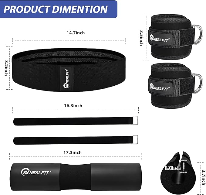 Barbell Pad Set for Squats, Lunges and Hip Thrusts, Neck & Shoulder Protective Pad, Standard Olympic Bars with 2 Gym Ankle Straps, Hip Resistance Band, Barbell Pad, Carry Bag