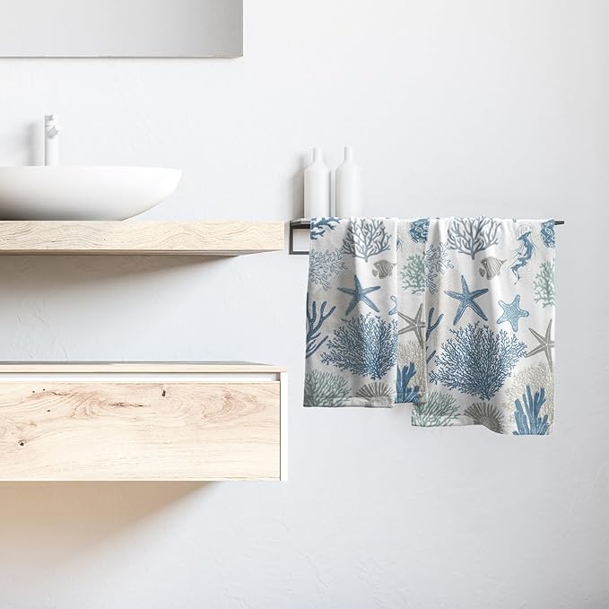 Nautical Blue Bathroom Hand Towels 2 Pack 14"x28" Sea Coral Starfish Kitchen Tea Dish Towels Coastal Ocean Theme Summer Soft Absorbent Face Towels for Bath Fingertip Gym Spa