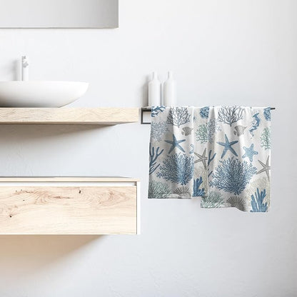 Nautical Blue Bathroom Hand Towels 2 Pack 14"x28" Sea Coral Starfish Kitchen Tea Dish Towels Coastal Ocean Theme Summer Soft Absorbent Face Towels for Bath Fingertip Gym Spa