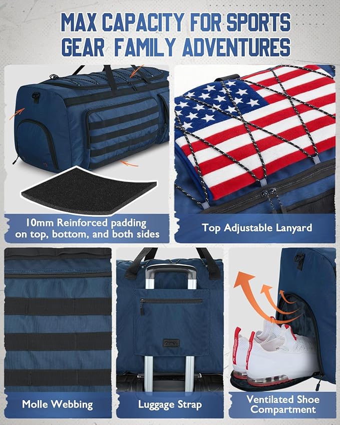 Gonex 90L Extra Large Duffel Bag for Men, Heavy Duty 3 in 1 Convertible Carry Travel Duffle, with Shoe Compartment, Tactical Loops, Sports Gear Bag for Family Trips (Dark Blue)