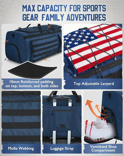 Gonex 90L Extra Large Duffel Bag for Men, Heavy Duty 3 in 1 Convertible Carry Travel Duffle, with Shoe Compartment, Tactical Loops, Sports Gear Bag for Family Trips (Dark Blue)