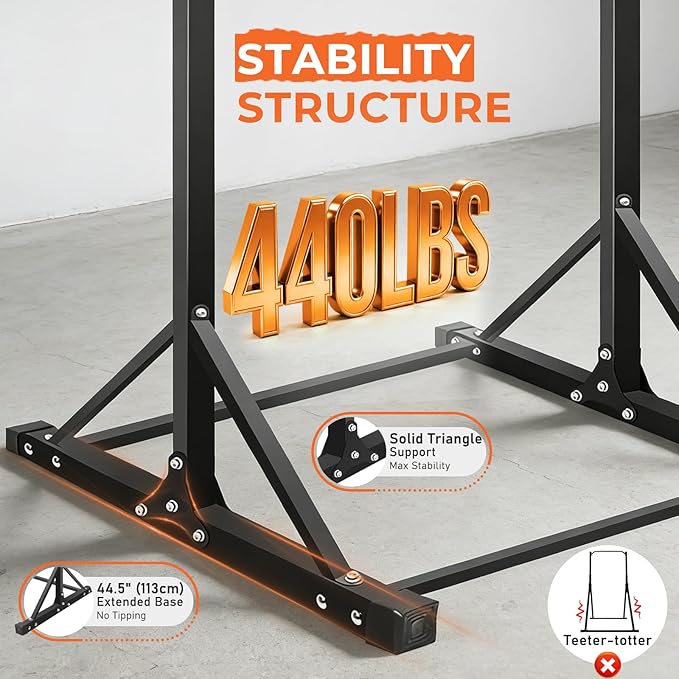 Power Tower Pull Up Bar Station - 440LBS Heavy Duty Home Gym Equipment - Adjustable Height (4.2ft-7ft) Free Standing Chin Up Bar with Zero-Wobble Triangular Base for Strength Training & Calisthenics