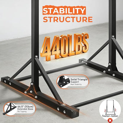 Power Tower Pull Up Bar Station - 440LBS Heavy Duty Home Gym Equipment - Adjustable Height (4.2ft-7ft) Free Standing Chin Up Bar with Zero-Wobble Triangular Base for Strength Training & Calisthenics
