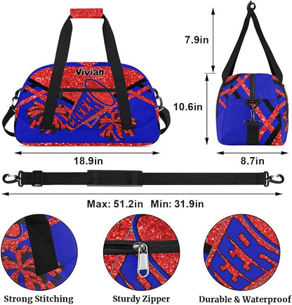 Personalized Sports Cheer Duffel Bag, Custom Sport Gym Bag Large Compartment Cheerleaders Dance Bag Weekender Bags Travel Training Bag for men, Red Sequins Glitter Black Royal Blue