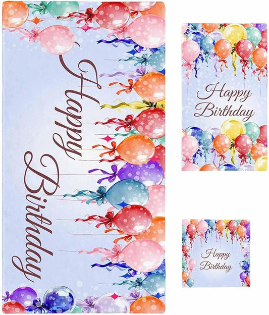 Happy Birthday Bath Towels Set of 3 for Bathroom,Soft Absorbent Shower Beach Hand Face Hair Yoga Workout Gym Towel Dish Wahcloth,Colorful Balloons Bow Gradient Modern Purple Quick Dry Bath Towels+Set