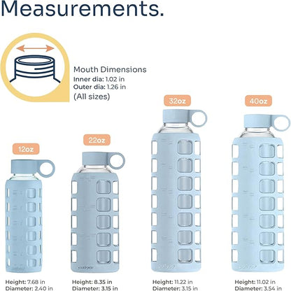 purifyou 40oz / 32oz / 22oz / 12oz Borosilicate Glass Water Bottle with Time & Volume Markers, Silicone Sleeve, Stainless Steel Lid | Reusable Glass Bottle for Water & Juice (22oz Ice Blue)