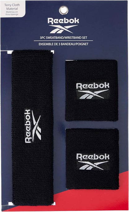 3pc Unisex Athletic Sweatband Set - 2.25in Workout Headband & 3.25in Wristbands w/Stay Dry Technology, Terry Cloth Band Moisture-Wicking Fabric | Quality Fitness Accessories for Active Comfort-Reebok