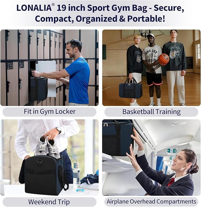 35L Sports Gym Duffle Bag - 19 inch Weekender Duffel for Workout, Basketball, Fitness, Training (Navy Blue)