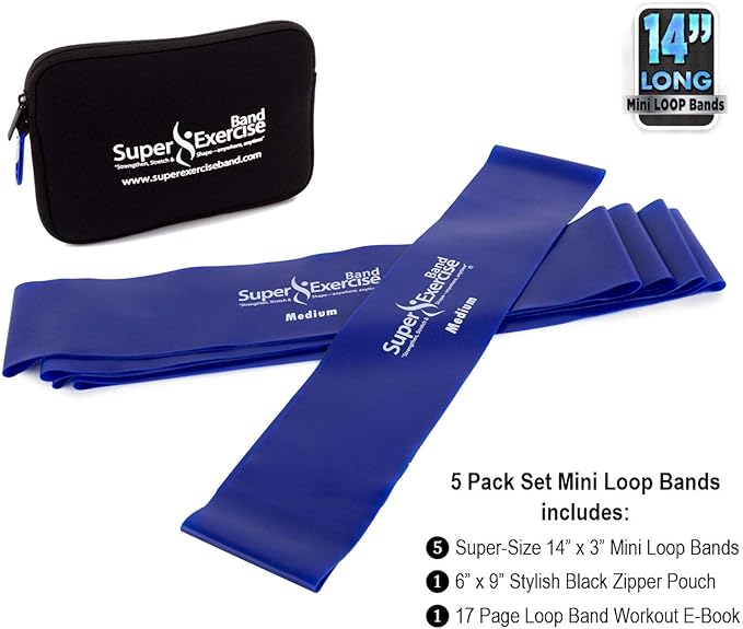 USA 14" x 3" Extra Long Latex Free Mini Loop Bands in 3, 5, 10 Pack Sets. 10 Strengths for Resistance Training, Stretching, Yoga, Toning. Plus an Exclusive iPhone App and E-Book.
