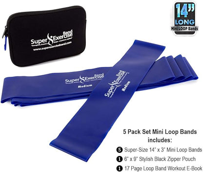 USA 14" x 3" Extra Long Latex Free Mini Loop Bands in 3, 5, 10 Pack Sets. 10 Strengths for Resistance Training, Stretching, Yoga, Toning. Plus an Exclusive iPhone App and E-Book.