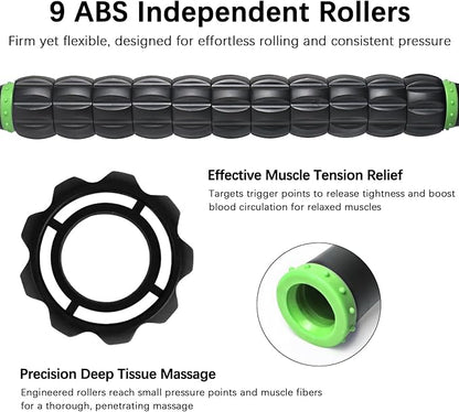 Muscle Roller Massage Roller Stick- Deep Tissue Fascia Blaster for Myofascial Pain Relief, Lymphatic Drainage & Body Sculpting, Handheld Physical Therapy & Recovery Tool (Green black-18 inch)