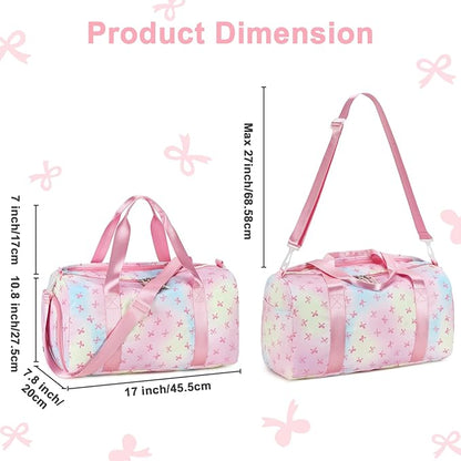 Gym Bag Sports Duffle Bag with Wet Pocket Weekender Overnight Bags with Waterproof Shoe Pouch and Air Hole for Girls Kids Women Workout Travel Bags (Bow Rainbow)
