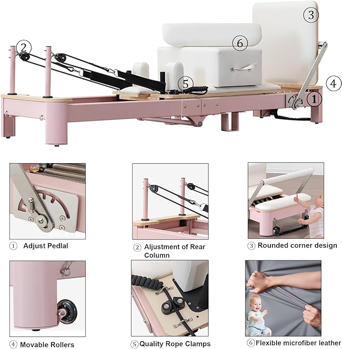Pink Foldable Pilates Reformer Machine for Home, Aluminum Reformer Pilates Machine for Home and Studio