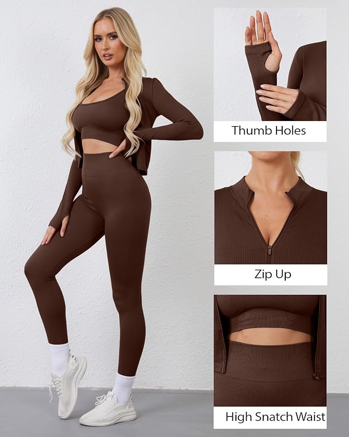 Women 3 Piece Seamless Workout Set Sports Bra High Waisted Gym Yoga Leggings Zip Up Jacket with Thumbhole Activewear