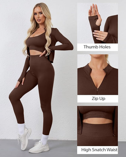Women 3 Piece Seamless Workout Set Sports Bra High Waisted Gym Yoga Leggings Zip Up Jacket with Thumbhole Activewear