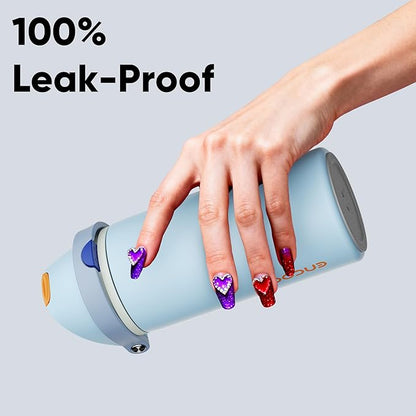 Insulated Water Bottle with Straw - Encool Stainless Steel Water Bottle with Push Button Lid, Leak-Proof & BPA-Free, Keeps Cold for 24 Hours for Sports, Travel, Gym (24 oz, Hazy Blue-Blue)