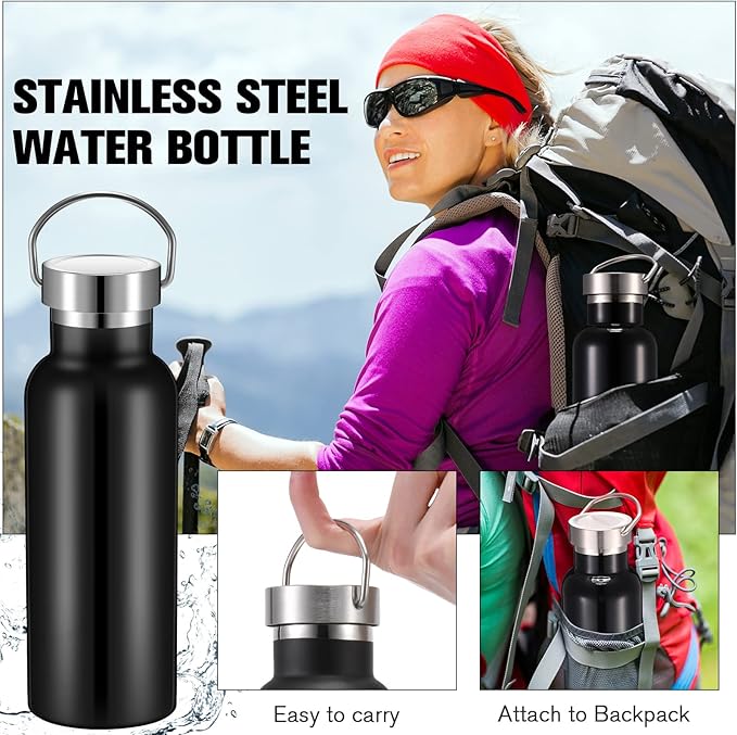 Cunhill 10 Pack Reusable Stainless Steel Water Bottle Bulk Double Wall Insulated Sports Water Bottle with Handle and Vacuum Seal Leakproof Lid for Sports Cyclists Hiking Gym Camping Gift(Black,17 oz)