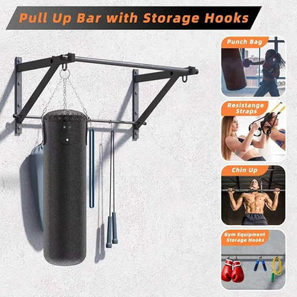 Wall Mounted Pull Up Bar, Strength Training Chin Up Bar with Hooks, Adjustable Depth Pull-up Bar with 500LBS Weight Capacity, Heavy Duty Gym Home Training