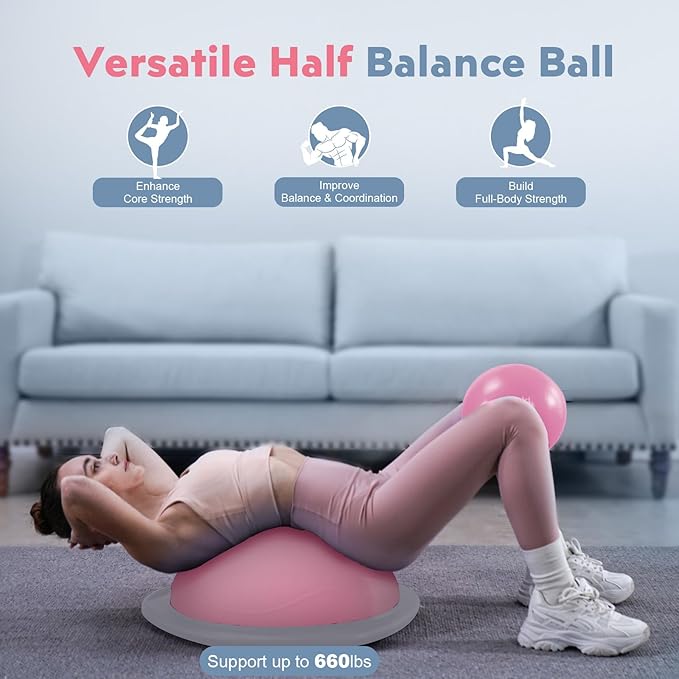 Half Balance Ball Trainer, Inflatable 19/23 Inch Half Exercise Ball with Resistance Bands and Pilates Ball, Non-Slip 660lbs Capacity Yoga Ball for Home Gym Full Body Workouts