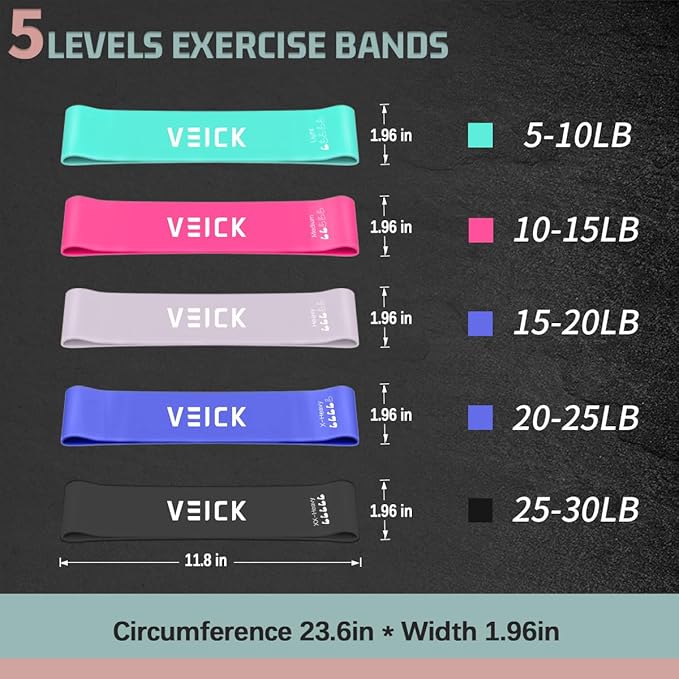 VEICK Resistance Loop Exercise Bands, Elastic Workout Bands for Men Women, Set of 5 Different Resistance Levels Stretch Band for Home Fitness Stretching Strength Training