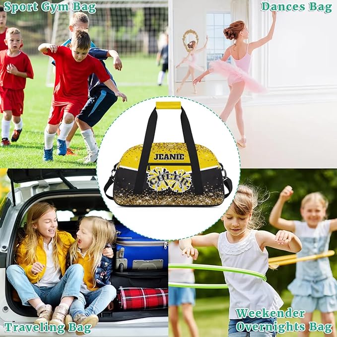 Personalized Cheer Gym Bags for Girls Kids Cheerleaders with Custom Name Sport Dance Perform Training Duffel Bags for Overnight Weekender Travel Yellow Black