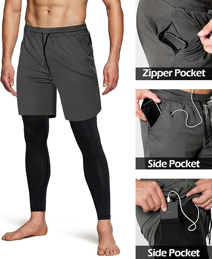 Aolesy Men's 2 in 1 Running Pants, Gym Workout Compression Pants for Men Training Athletic
