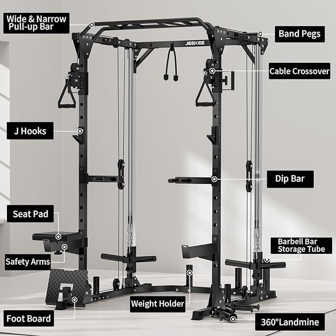 JEEKEE Power Cage with Cable Crossover System, 2000LB Multi-Function Power Rack with Independent Dual Pulleys, LAT Pulldown Seat Cushion, 20+ Attachments Squat Rack for Home Gym Workout