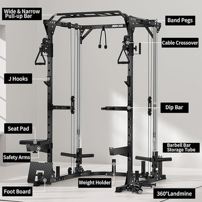 JEEKEE Power Cage with Cable Crossover System, 2000LB Multi-Function Power Rack with Independent Dual Pulleys, LAT Pulldown Seat Cushion, 20+ Attachments Squat Rack for Home Gym Workout