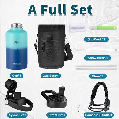 MEZMUT 64oz Insulated Water Bottle with Straw&2 Lids,Stainless Steel Water Bottle with Paracord Handle,Double Vacuum Large Sports Water Jug Leak-proof Keep Cold & Hot for Outdoor Camping Biking Trip
