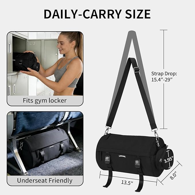 Small Gym Bag for Women Men, Mini Crossbody Travel Duffle Bag with Wet Compartment and Yoga Mat Strap, Compact Workout Bag for Sports Dance Swimming, Daily Commuting (Black)