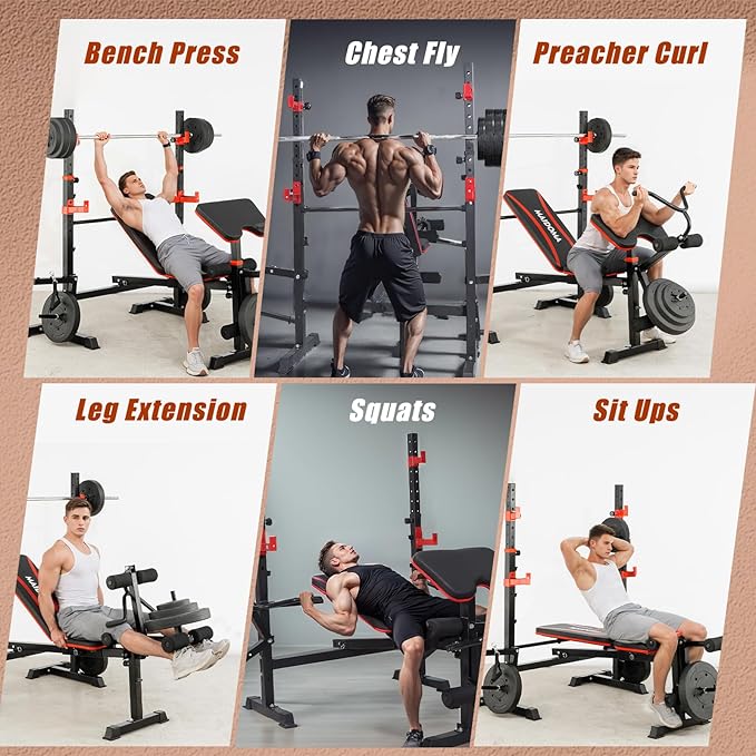 1500LB 8 IN 1 Weight Bench with Lat Pulldown and Leg Extension/Curl, Foldable Bench Press with Preacher Curl & Rack, Workout Benches with Safety Bar Catches for Home Gym(US Stock)