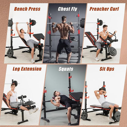 1500LB 8 IN 1 Weight Bench with Lat Pulldown and Leg Extension/Curl, Foldable Bench Press with Preacher Curl & Rack, Workout Benches with Safety Bar Catches for Home Gym(US Stock)