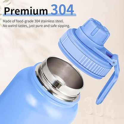 Motivational Water Bottle 32oz with Time Marker- Leakproof & BPA Free Sports Water Bottle with Straw & Carry Strap for Gym, Travel and Outdoor Sports (Stainless steel insulation-Blue)