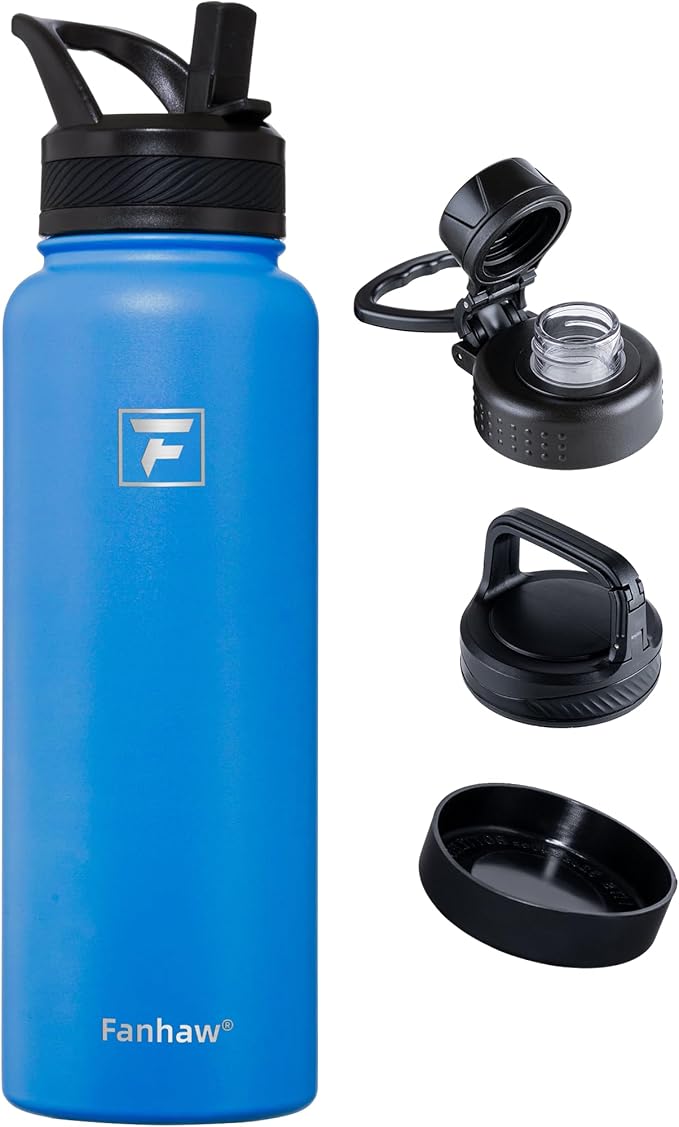 Fanhaw 40 oz Insulated Water Bottle – Stainless Steel Flask with 3 Lids (Straw, Spout, Carabiner) | Durable, Leakproof, for Hiking, Camping, Outdoor Adventures & Travel (Sky Blue)