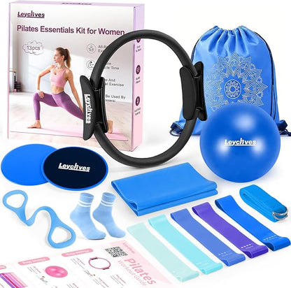 Home Pilates Essentials Kit for Women, Magic Circle Pilates Equipment Ring and Ball Set, 6 Resistance Bands Workout Guide Video for 28 Day Pilates Essential Challenge Starter Kit for Beginners